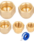 Brass Flare Cap Fittings Kit For 1/4 To 5/8 Inch Tubing SAE 45 Degree, five brass nuts with Teflon tape