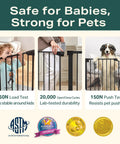 Auto Close Baby Gate For Stairs And Doorways With Easy Install Pressure Mounted Design Walk Through One Hand Operation Perfect For Pets And Little Ones In Black, shown in safety tests with child and dog