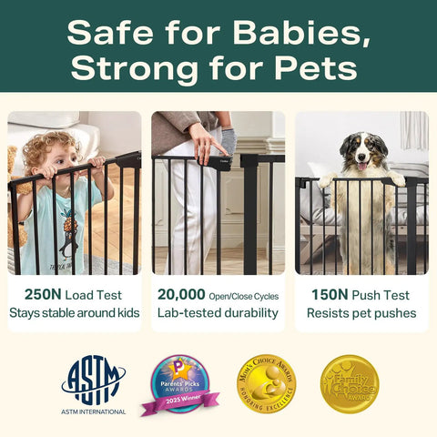 Auto Close Baby Gate For Stairs And Doorways With Easy Install Pressure Mounted Design Walk Through One Hand Operation Perfect For Pets And Little Ones In Black, shown in safety tests with child and dog