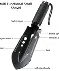 Ultra Lightweight Nine In One Camping Shovel Multitool With Bottle Opener Nail Puller Ruler Hex Wrench Saw For Backpacking Hiking Gardening And Outdoor Survival Black showing labeled functions on blade.