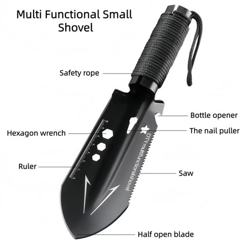 Ultra Lightweight Nine In One Camping Shovel Multitool With Bottle Opener Nail Puller Ruler Hex Wrench Saw For Backpacking Hiking Gardening And Outdoor Survival Black showing labeled functions on blade.