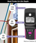 Professional Wall Scanner, Stud Finder & Live Wire Detector displaying measurement details for various materials and depths.