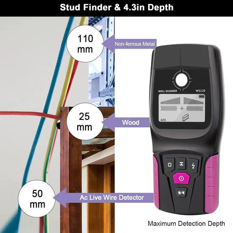 Professional Wall Scanner, Stud Finder & Live Wire Detector displaying measurement details for various materials and depths.
