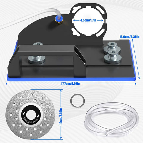 45 Degree Tile Chamfering Tool Stand For Angle Grinders Pro Grade Bevel And Chamfer, components displayed with dimensions