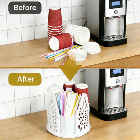 Before and after of 360 Degree Rotating Coffee Cup Holder With Four Compartments Lid Organizer For Countertop Coffee Station