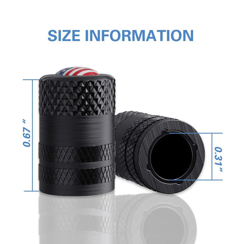 American Flag Aluminum Valve Stem Caps USA Tire Caps Dust Proof Covers shown with measurements and size details.