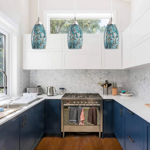 Three Light Pendant Set For Kitchen Island With Hand Blown Blue Glass Shades Chrome Canopy Adjustable Cords Coastal Chic Modern Vibe Pendant Lighting For Dining Room And Living Room