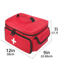 ALSLEA red first-aid bag, front view with white cross and black zippers, 12x9x7 in