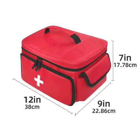 ALSLEA red first-aid bag, front view with white cross and black zippers, 12x9x7 in