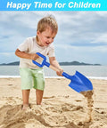 Child playing on beach with blue Beast Beach Sand Shovels For Kids And Adults, 16 Inch Wooden-Handled Spades, clear sky in background