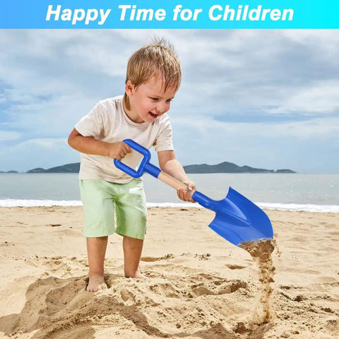 Child playing on beach with blue Beast Beach Sand Shovels For Kids And Adults, 16 Inch Wooden-Handled Spades, clear sky in background