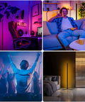 Rgb Corner Floor Lamp With App Control And Remote Music Sync 16 Million Colors Dimmable Warm White To Vivid Color Modern Led Ambience Lamp For Living Room And Gaming Setup in various settings, including a gaming room, living room, and bedroom.
