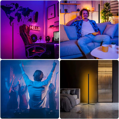 Rgb Corner Floor Lamp With App Control And Remote Music Sync 16 Million Colors Dimmable Warm White To Vivid Color Modern Led Ambience Lamp For Living Room And Gaming Setup in various settings, including a gaming room, living room, and bedroom.
