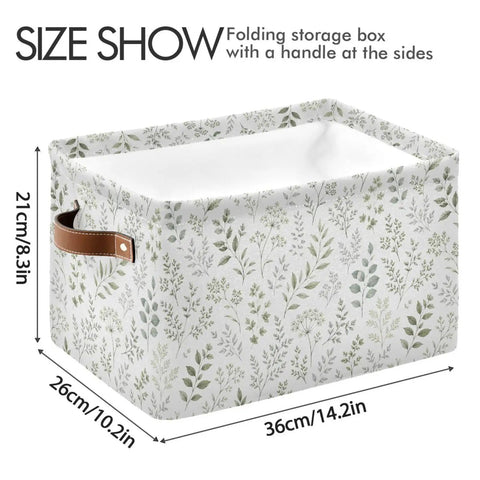 Built Different Grey Leafy Vines Canvas Storage Baskets With Double Stitched Handles measuring 14.2x10.2x8.3 inches with a side handle.