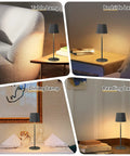 2 Pack Rechargeable Cordless Table Lamps With 3000K Dimmable Warm Light shown in bedroom, bedside, dining, and reading settings, black