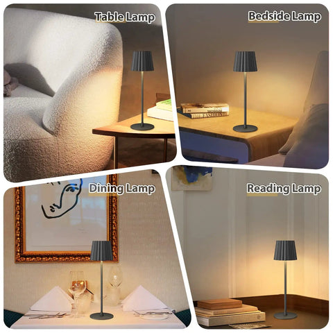 2 Pack Rechargeable Cordless Table Lamps With 3000K Dimmable Warm Light shown in bedroom, bedside, dining, and reading settings, black