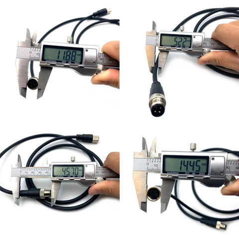 Measuring Industrial M12 4-Pin A-Code Straight Male To Female Connector Cable dimensions with digital caliper, focus on connectors.