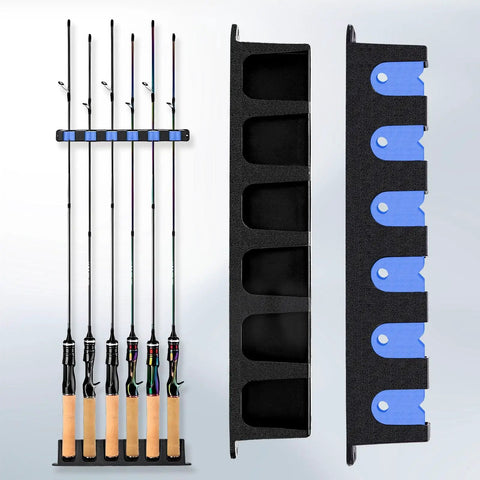 Durable Wall Mount Fishing Rod Holders 1 Pair Vertical Blue Rod Racks For Garage Or Boat Holds Up To Six Poles EVA Foam Grips Protect Rods