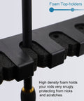 Close-up of vertical fishing rod holder rack with foam top-holders, part of the Vertical Fishing Rod Holder Rack for Garage Wall and Ceiling Mount Black 1 Pair Durable Fishing Pole Holders for Organizing Gear in Home or Shop Great for Tackle Storage and Quick Access in Any Garage or Workshop.