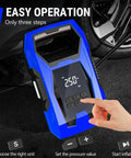 Close-up of No Drama Portable Tire Inflator Air Compressor control panel with smart pressure gauge and buttons.