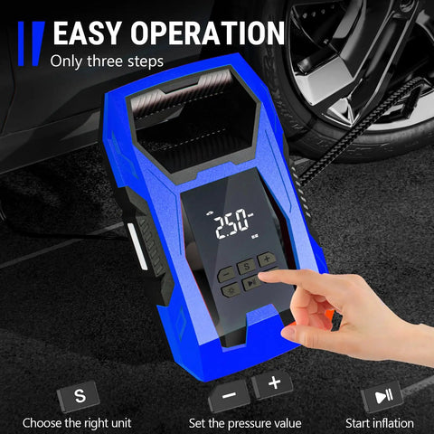 Close-up of No Drama Portable Tire Inflator Air Compressor control panel with smart pressure gauge and buttons.