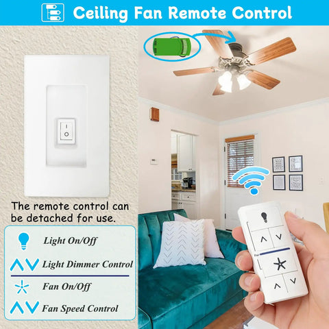 Universal Ceiling Fan Remote Control Kit With Receiver And Wall Control shown with 3-speed fan remote and light dimmer.