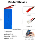 7.4V 2S LiPo Battery 1700mAh 5C JST 2Pin Connector for RC use with product dimensions and features shown