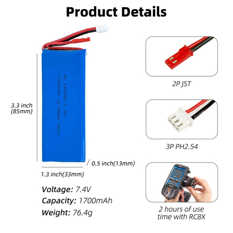 7.4V 2S LiPo Battery 1700mAh 5C JST 2Pin Connector for RC use with product dimensions and features shown