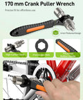 Upgraded Bike Crank Puller Kit With Wrench And Top Cap for Easy Crank Removal shown with 170 mm handle in use on bike