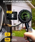 Heavy Duty Tire Pressure Gauge With Large Glow Dial And Steel Braided Hose Reaching Two Hundred Thirty Psi Via Quick Connect Coupler measuring 36 PSI.