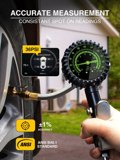 Heavy Duty Tire Pressure Gauge With Large Glow Dial And Steel Braided Hose Reaching Two Hundred Thirty Psi Via Quick Connect Coupler measuring 36 PSI.