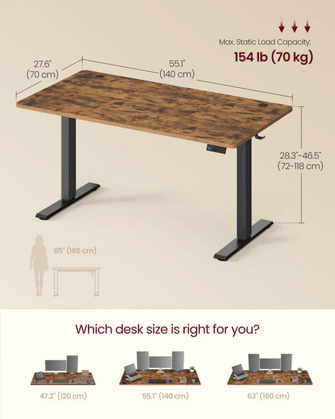 Electric Sit To Stand Desk With Height Adjustability, 55.1 By 27.6 Inches, Rustic Brown Finish, shown with dimensions and weight capacity details.