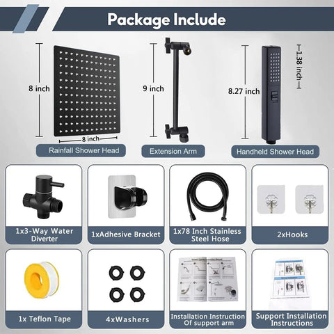 10 Inch High Pressure Rain Shower Head With 11 Inch Adjustable Extension Arm And 3 Settings Handheld Shower, Powerful Spray For Low Water Pressure, Long Hose, 304 Stainless Steel With Black Finish, Includes Filter And Washer