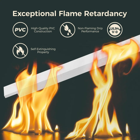 Cord Hider Kit With 113 Inch Cable Covers For Wires On The Wall, showing flame retardant feature with PVC material and fire symbols