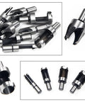 Badass Eight Piece Wood Plug Cutter Drill Bit Set Forged From Rock Solid High Carbon Steel With Killer Edge Retention For Slick Taper Cuts And Super Tight Finishes, showing drill bits.