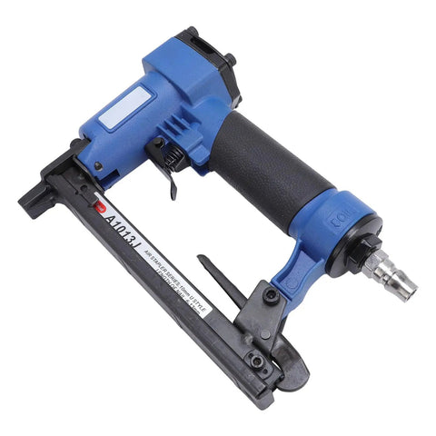 Built Tough Pneumatic Brad Nailer For Woodworking And Carpets Featuring Lightweight Ergonomic Aluminum Design close-up shot of blue tool with quick connect.