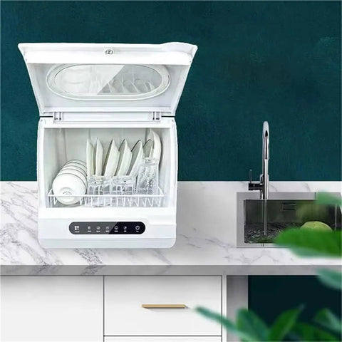 Compact Kitchen Workhorse Smart Countertop Dishwasher Automatic Tabletop Cleaner with dishes and glassware on counter.