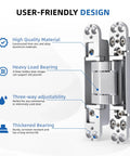 Close-up of 2 Pack 6 Inch Hidden Door Hinges Heavy Duty Matte Silver Zinc Alloy, showcasing user-friendly design and heavy load bearing.