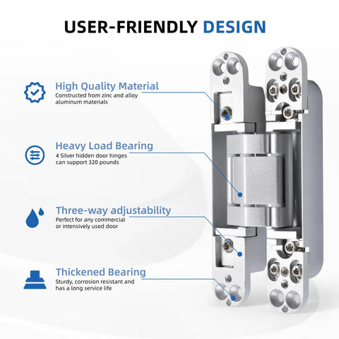 Close-up of 2 Pack 6 Inch Hidden Door Hinges Heavy Duty Matte Silver Zinc Alloy, showcasing user-friendly design and heavy load bearing.