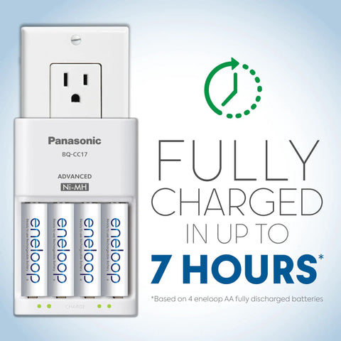 Advanced NiMH charger with AA batteries, showing 'Fully Charged in 7 Hours' for All In One Power Pack Battery Kit With 8 AA And 2 AAA NiMH Rechargeables, C And D Adapters, Advanced Charger, And Rugged Storage Case For Home, Office, And Gadgets.