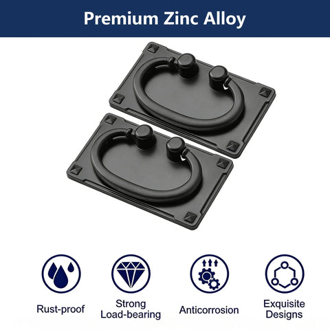Two Pack Black Vintage Ring Pull Handles With Screws Heavy Duty Zinc Alloy Cabinet Hardware, flat back design, classic antique look.