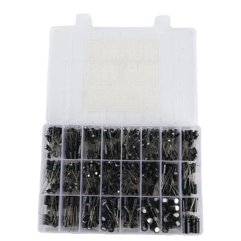Must-Have 630Pcs Aluminum Electrolytic Capacitor Kit With 24 Values And High Precision For Repairs organized in a transparent storage box.
