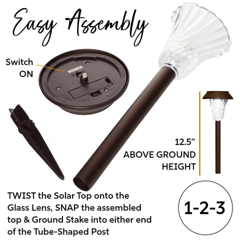 Bronze Solar Path Light Set Of 6 With Glass Lens And Metal Ground Stakes Plus Super Bright LED for easy assembly demonstration.