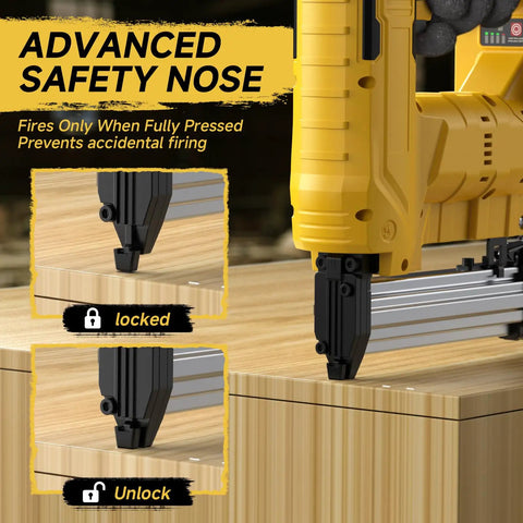 Cordless Two In One 18 Gauge Brad Nailer And Stapler Battery Powered Nail Gun With Fasteners For Wood Carpentry Trim showing advanced safety nose function.