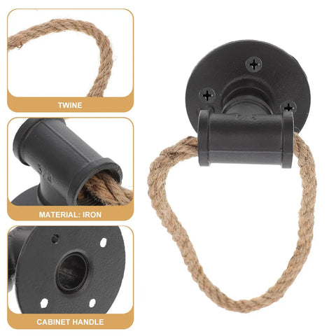 Close-up of Vintage Black Iron Rope Cabinet Pulls Set for Rustic Kitchen Drawers and Doors with Metal Loop Knobs