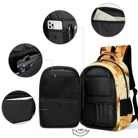 Happy Golden Retriever Printed Backpack open view showing pockets, durable polyester for everyday carry, large capacity daypack.