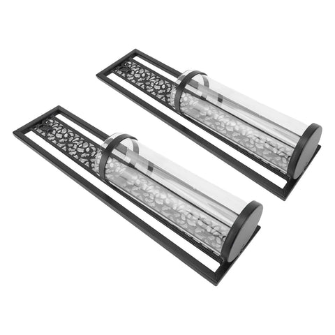 Vintage Hollow Out Metal Wall Sconce Kit Two Piece Candle Holder Set With Glass Covers For Living Room Bedroom Bathroom And Dining Area Easy Install Iron Wall Decor, black iron set