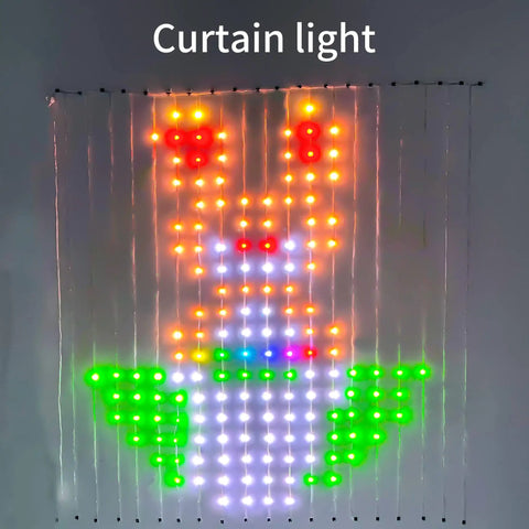 Year Round Curtain String Lights With Dope Music Sync, 400 RGB LED Fairy Lights, 6.2ft, pixel art design displayed.