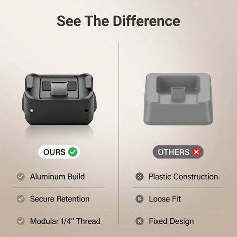 Comparison of Built Tough Sports Camera Charging Dock For Pocket 3 Rig, aluminum vs plastic construction, modular thread.