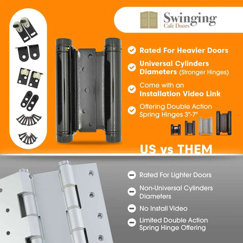 Comparison of 6 Inch Double Action Spring Hinge For Saloon Doors 4 Pack Satin Chrome Finish with other hinges, highlighting features.